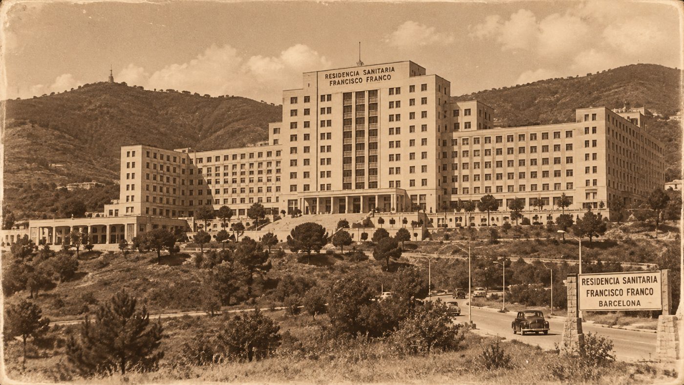 Recreació de la façana de la Residencia Sanitaria Francisco Franco de Barcelona, actual Hospital Vall d’Hebron, en una imatge sèpia que imita una fotografia antiga
